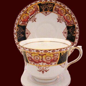 Vtg Colclough China cerca1930's cup & saucer of golds,black,oranges,yellow